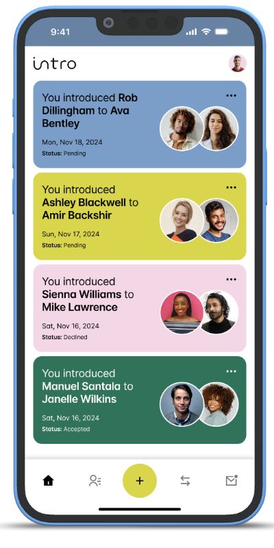 Intro app on mobile device showing the home screen